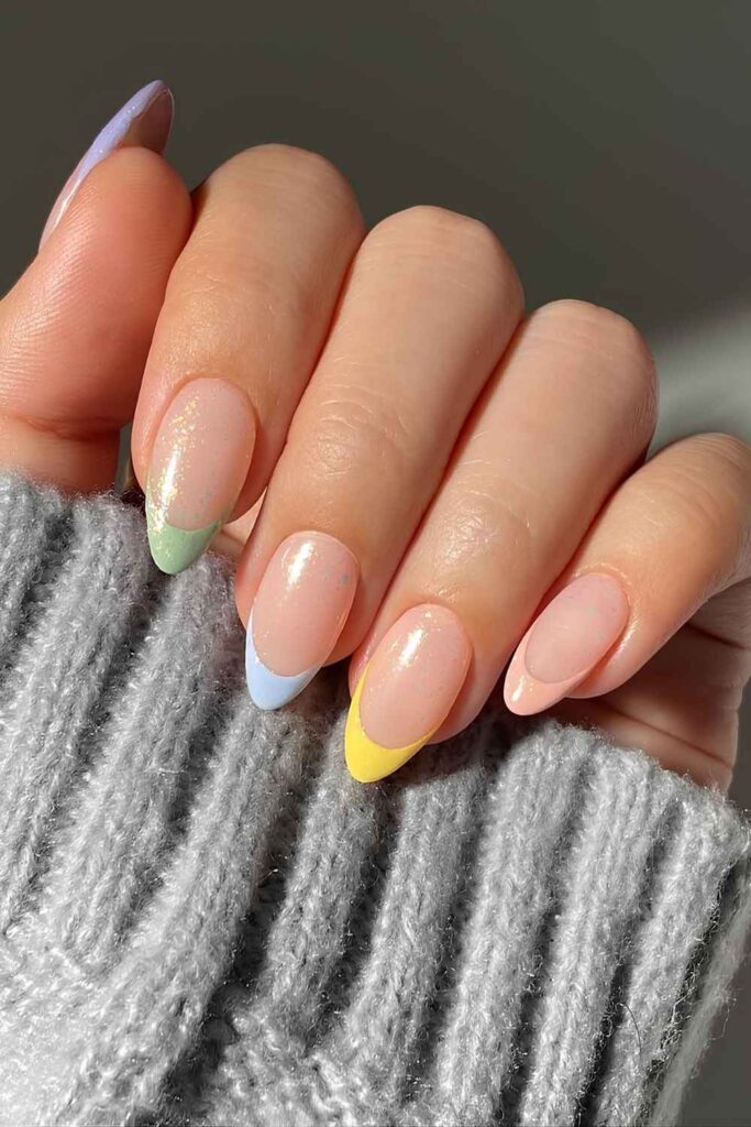 Colorful French mani with shimmery finish