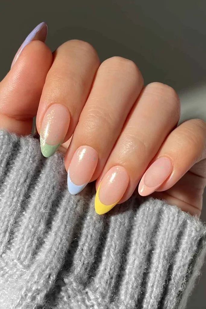 Colorful French mani with shimmery finish