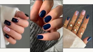 A collage of inky nails in dark navy and jet black