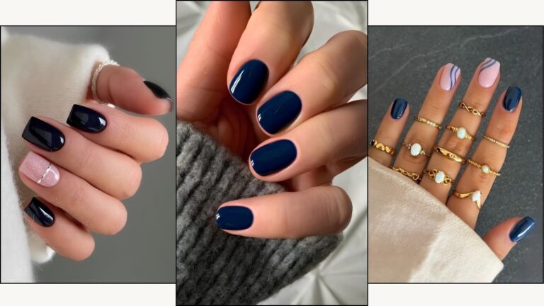 A collage of inky nails in dark navy and jet black