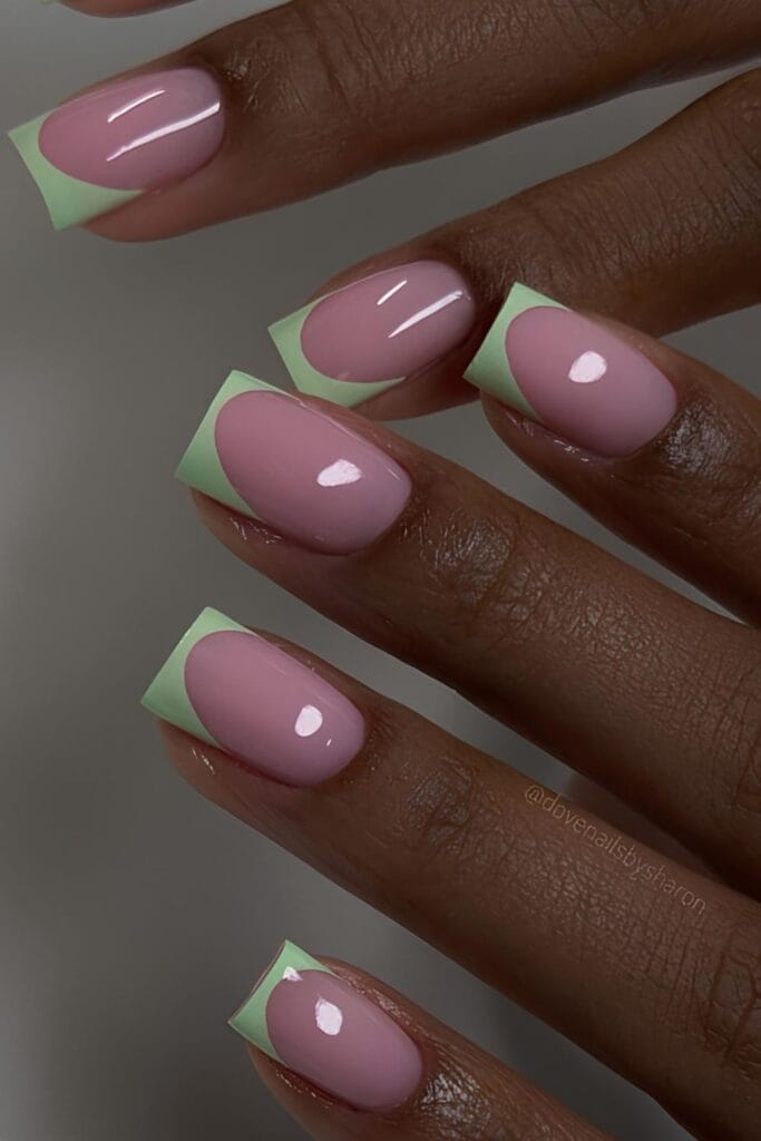 Light green French mani with pink base