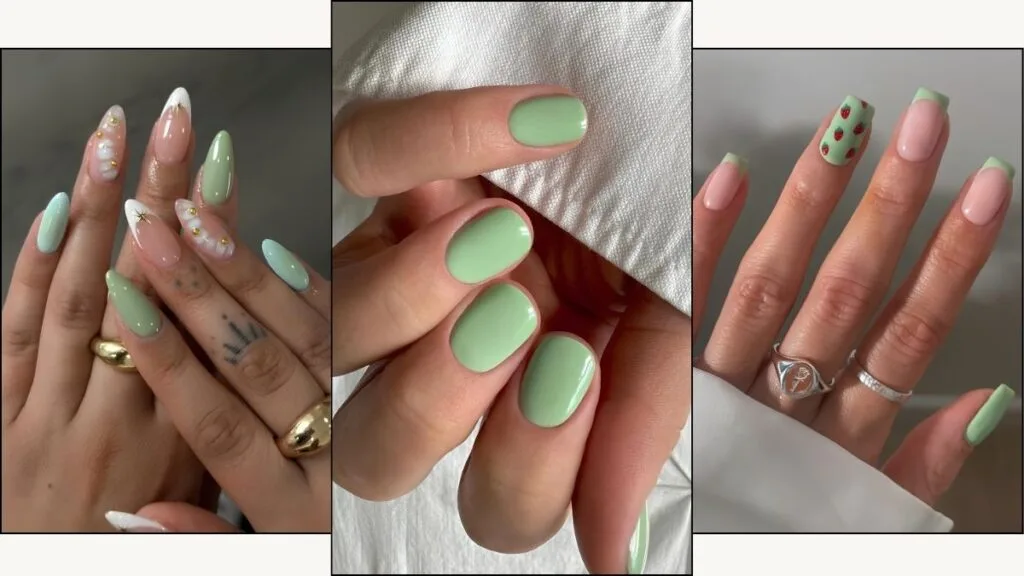 A collage of matcha latte nails