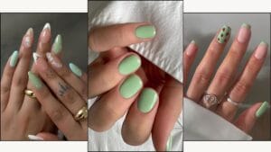 A collage of matcha latte nails