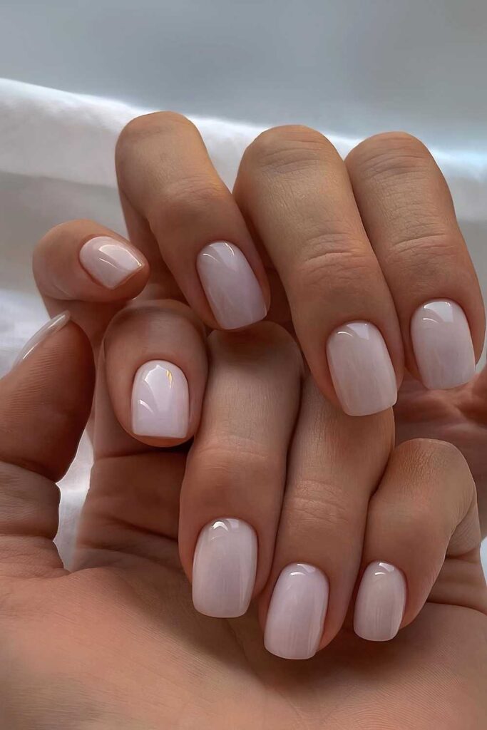 Milky white short mani with glossy finish