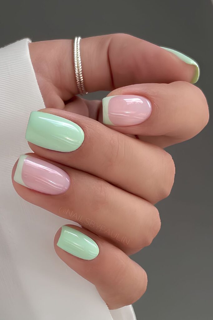 Mint green French and solid mix nails