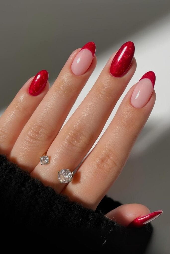 Red marble nails with French tip accents