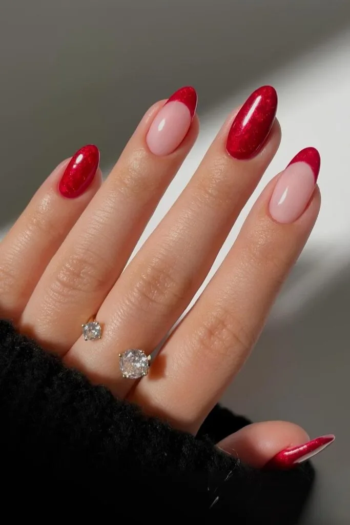 Red marble nails with French tip accents