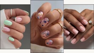 A collage of short April nail designs