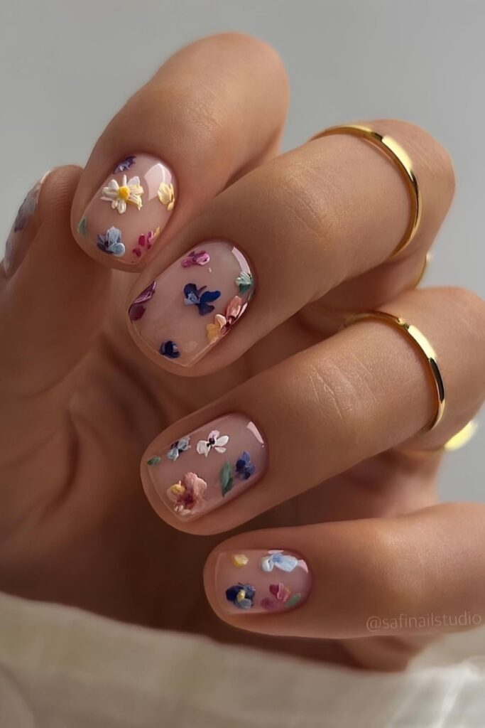 Short natural nails with floral art