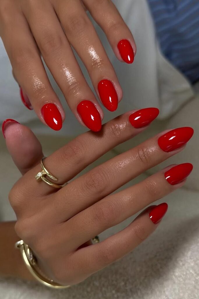 Solid red almond nails
