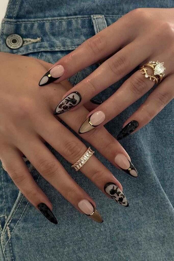 Black nails with florals and textured details