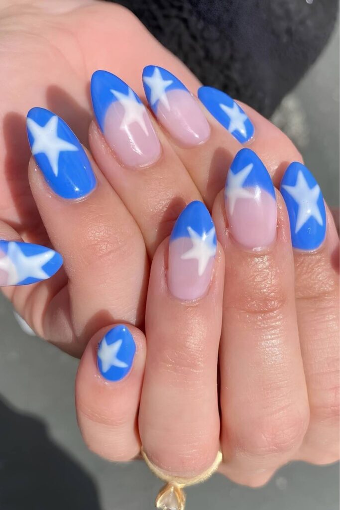Blue French nails with white stars