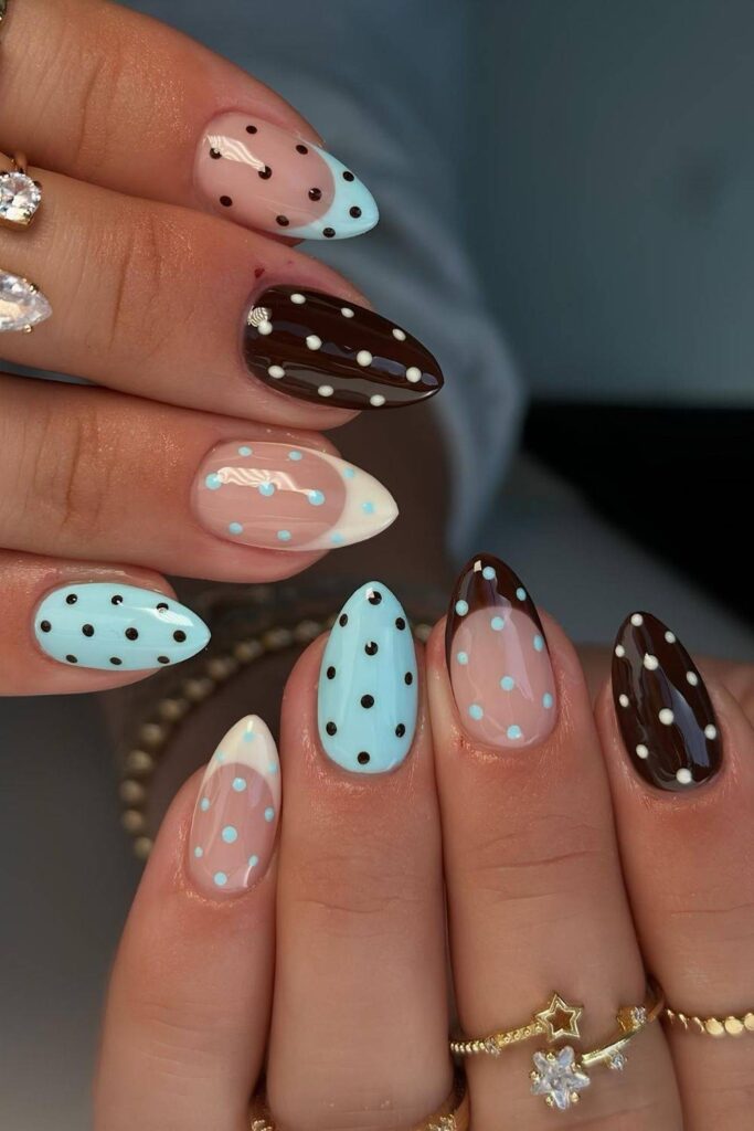 Blue and brown polka dot nails