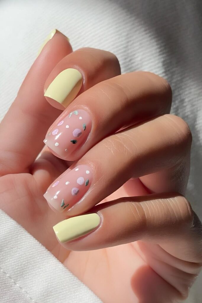 Butter yellow nails with soft colored dots and leaves