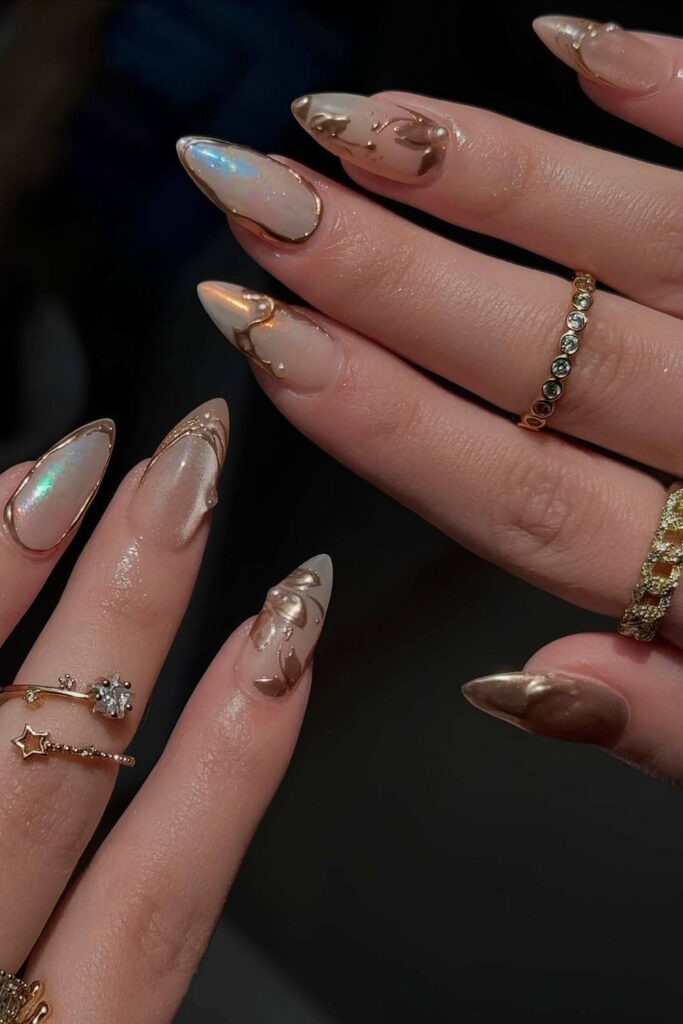 Champagne nails with gold details