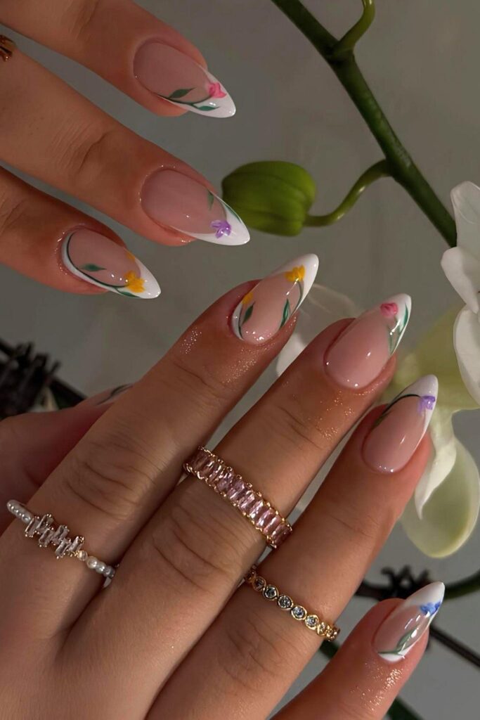 Floral French tip nails
