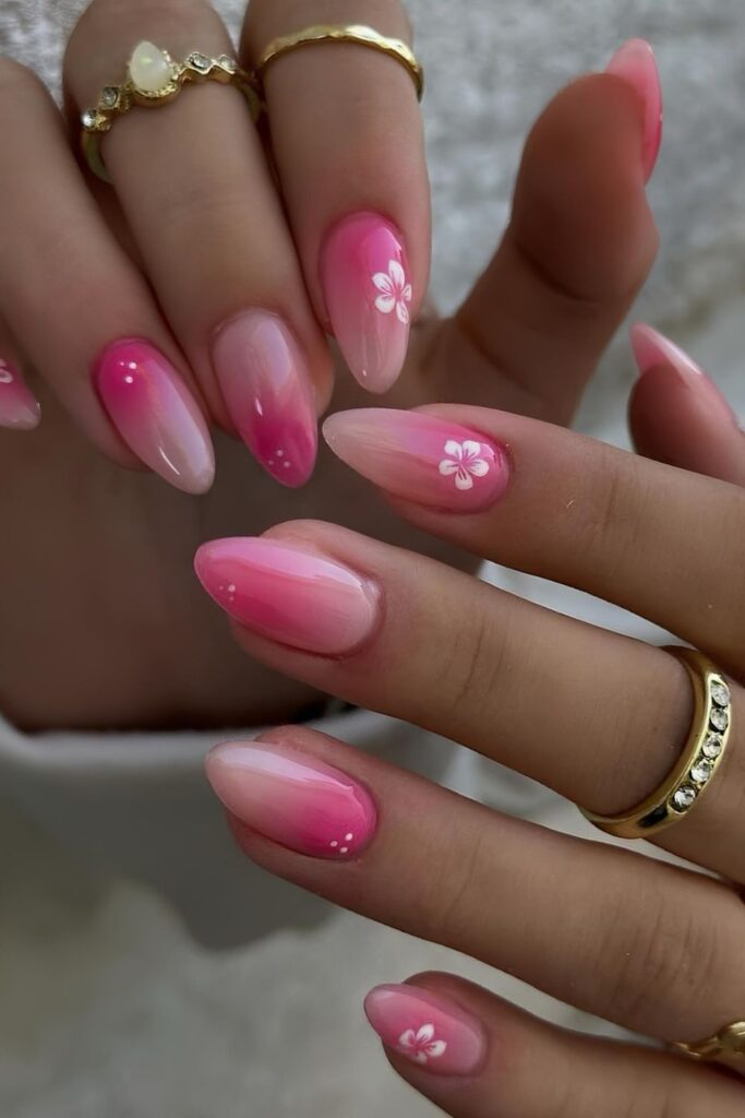 Hot pink gradient mani with hibiscus flowers