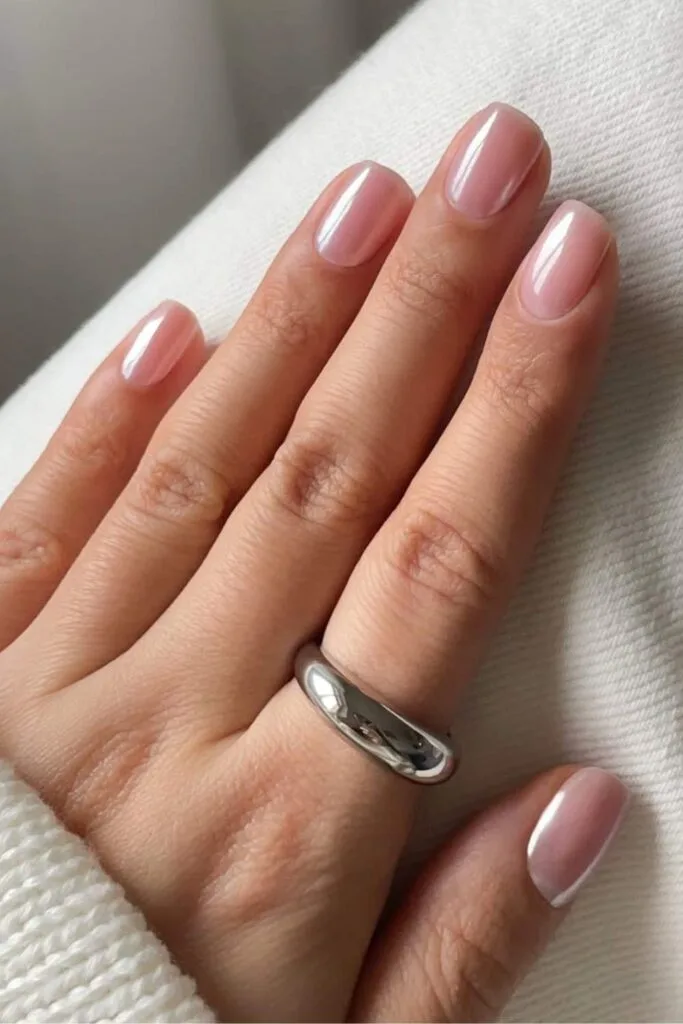 Light pink nails with chrome finish