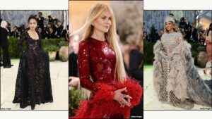 A collage of Met Gala outfits
