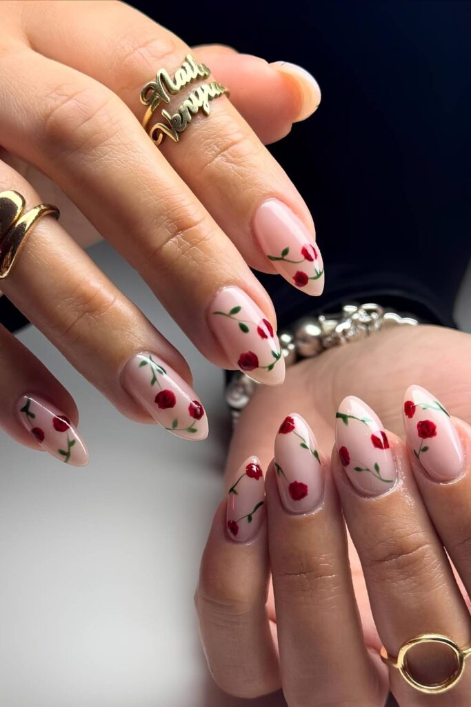 Milky nails with red roses
