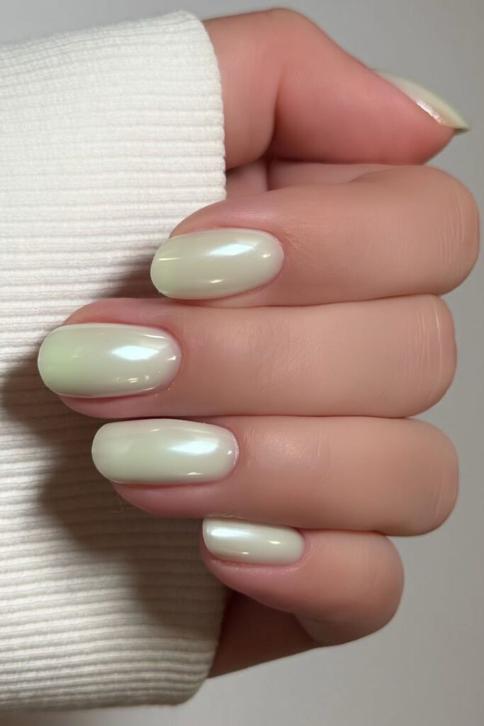 Mint green chrome nails