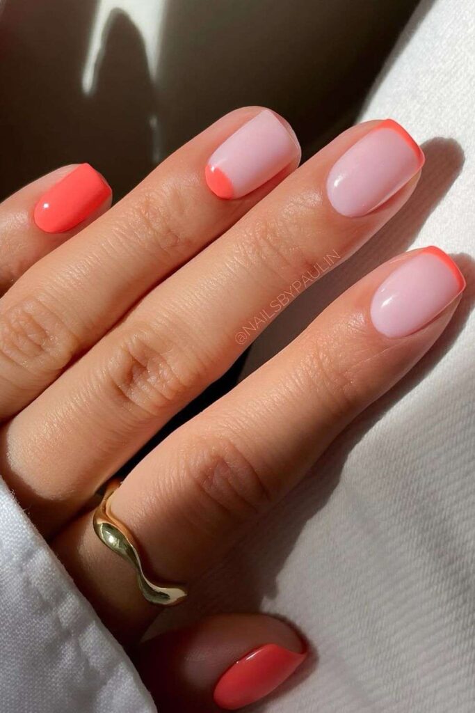 Orange mani with French tips and half-moon