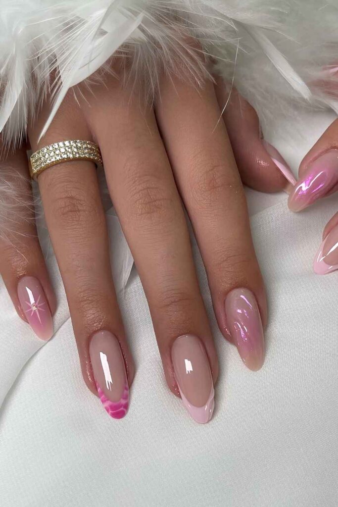 Pink nails with aura effect and mixed design