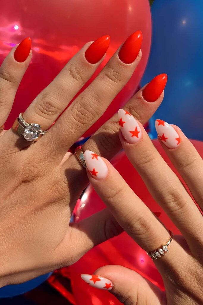 Red and milky white nails with red stars
