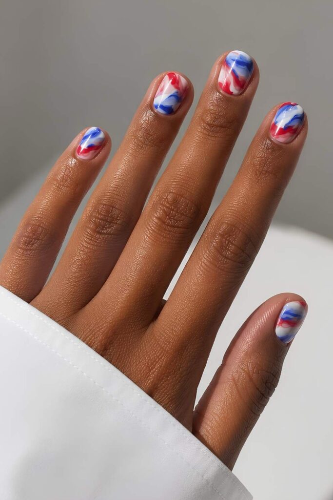 Red, blue and white marble nails