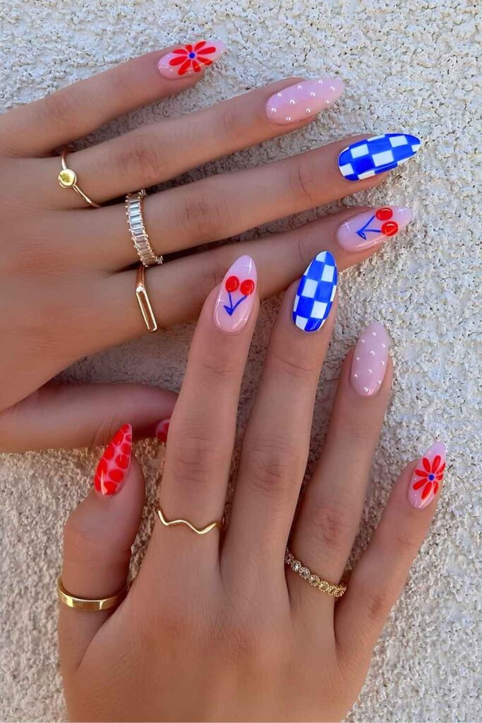 Red, blue and white mismatched mani