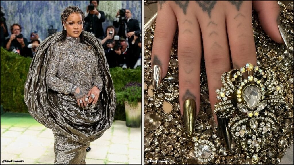 A collage of Rihanna's Met Gala chrome nails