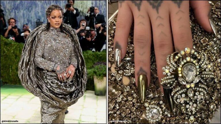 A collage of Rihanna's Met Gala chrome nails