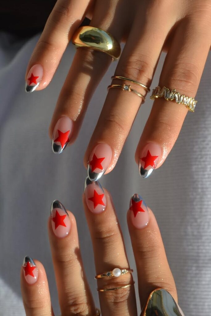 Silver chrome French nails with red stars