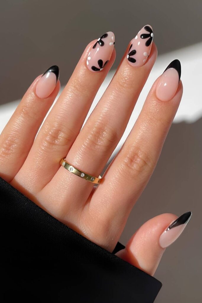Black French mani with flowers