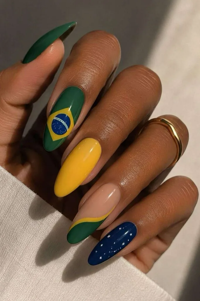 Brazil World Cup nails with green, yellow, blue, and flag-inspired details