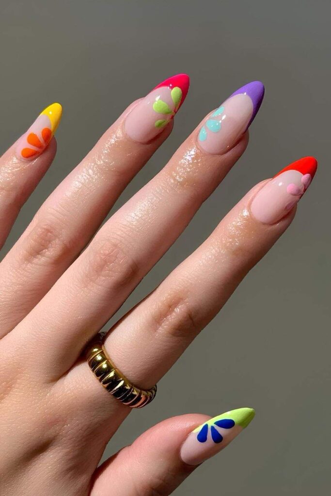 Colorful French nails with florals