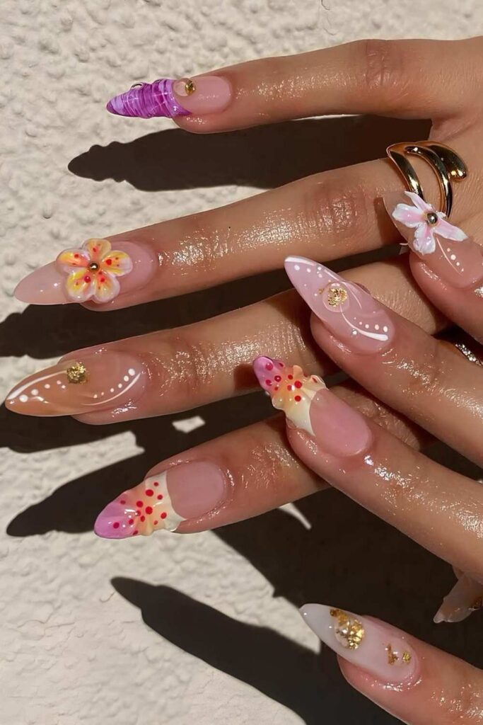 Colorful mismatched nails with 3d design