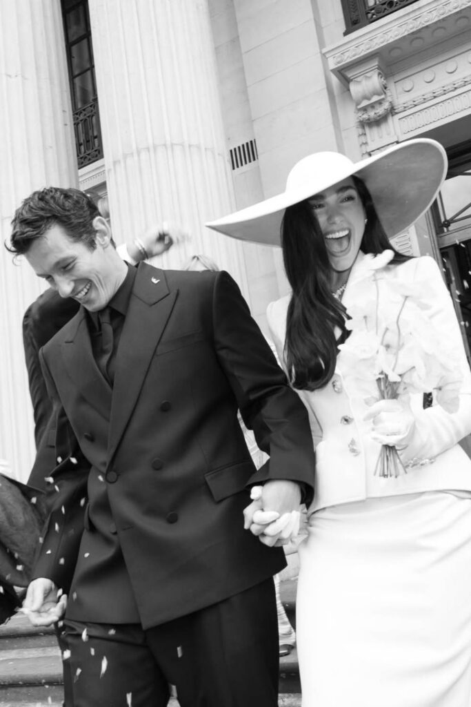 Dua Lipa civil wedding outfit outside Old Marylebone Town Hall