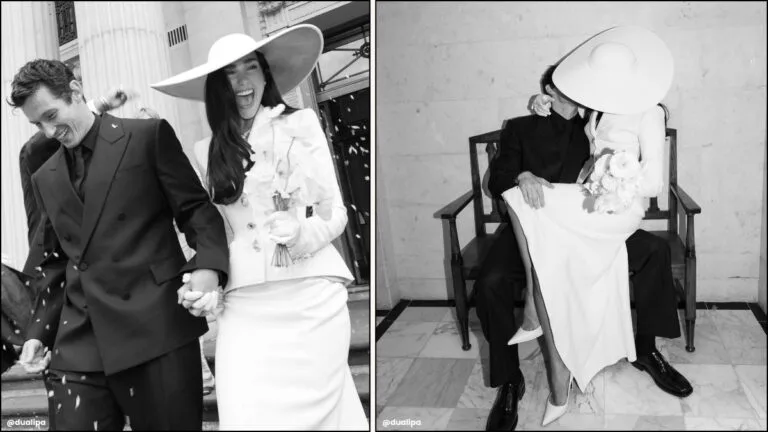 A collage of Dua Lipa's civil wedding outfit