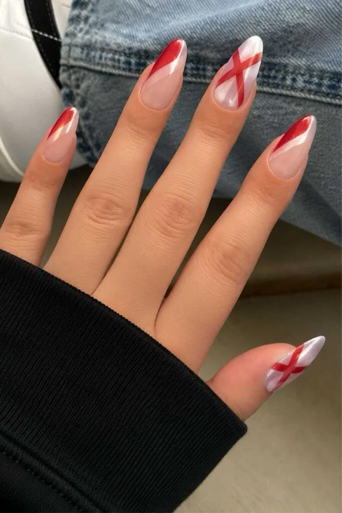 England chrome nails with red and white cross-inspired design