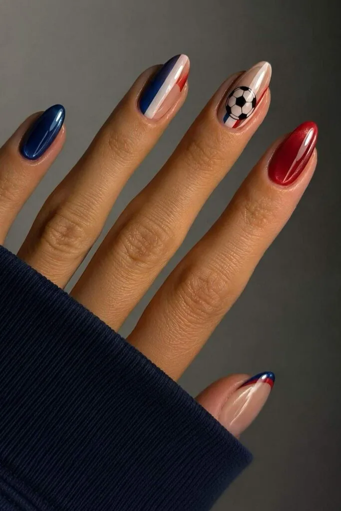 France football nails with blue, white, red, and soccer ball accent