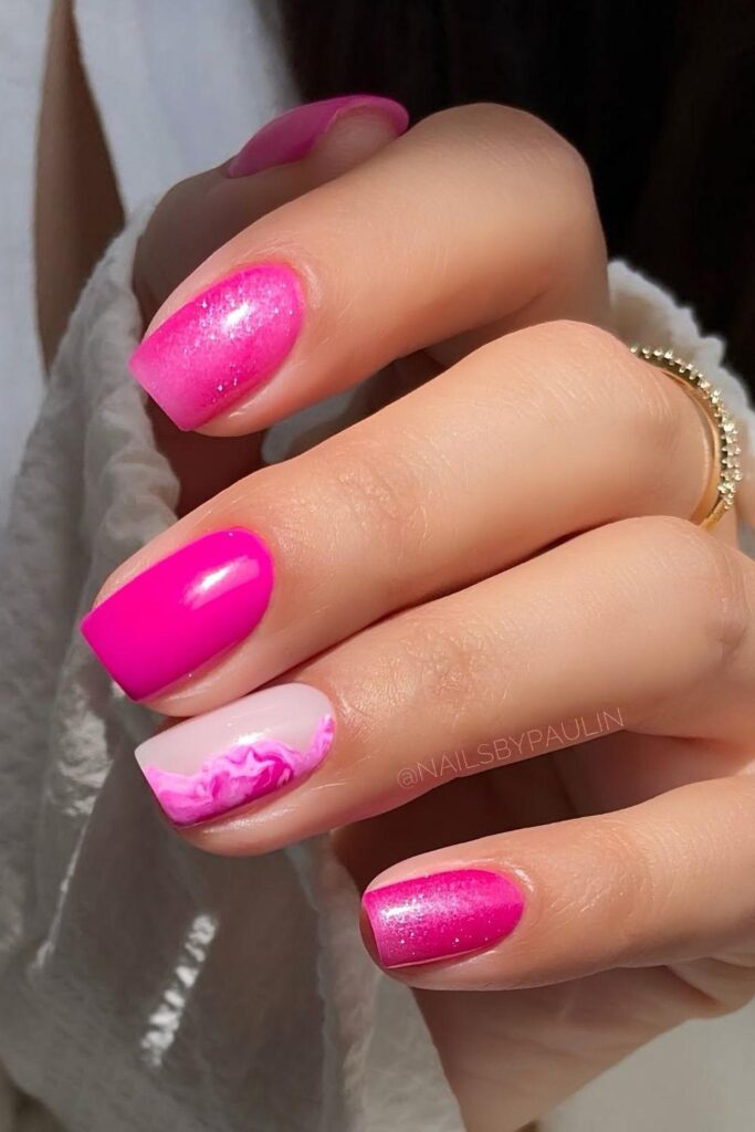 Hot pink nails with shimmer and marble detail