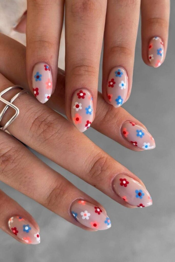 Milky nails with tiny colorful florals