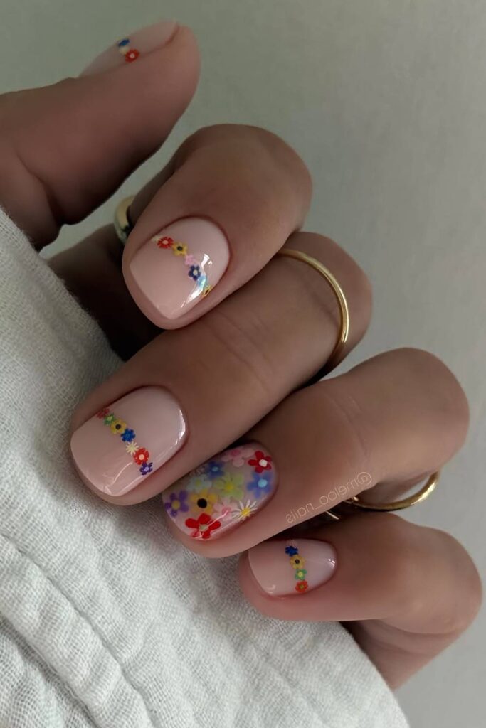 Milky pink nails with florals