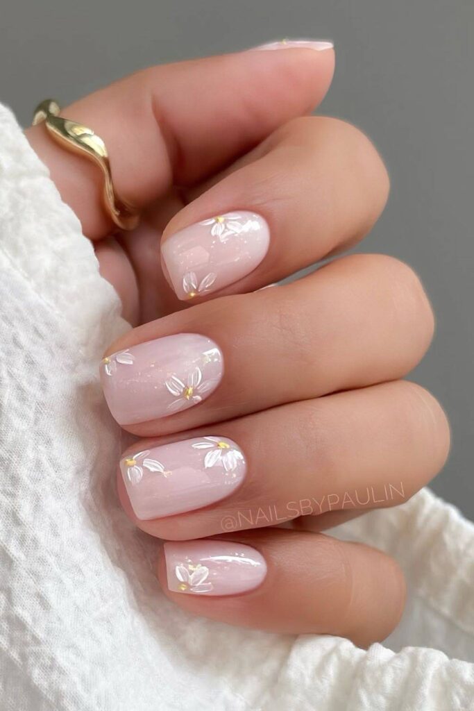 Milky white nails with florals