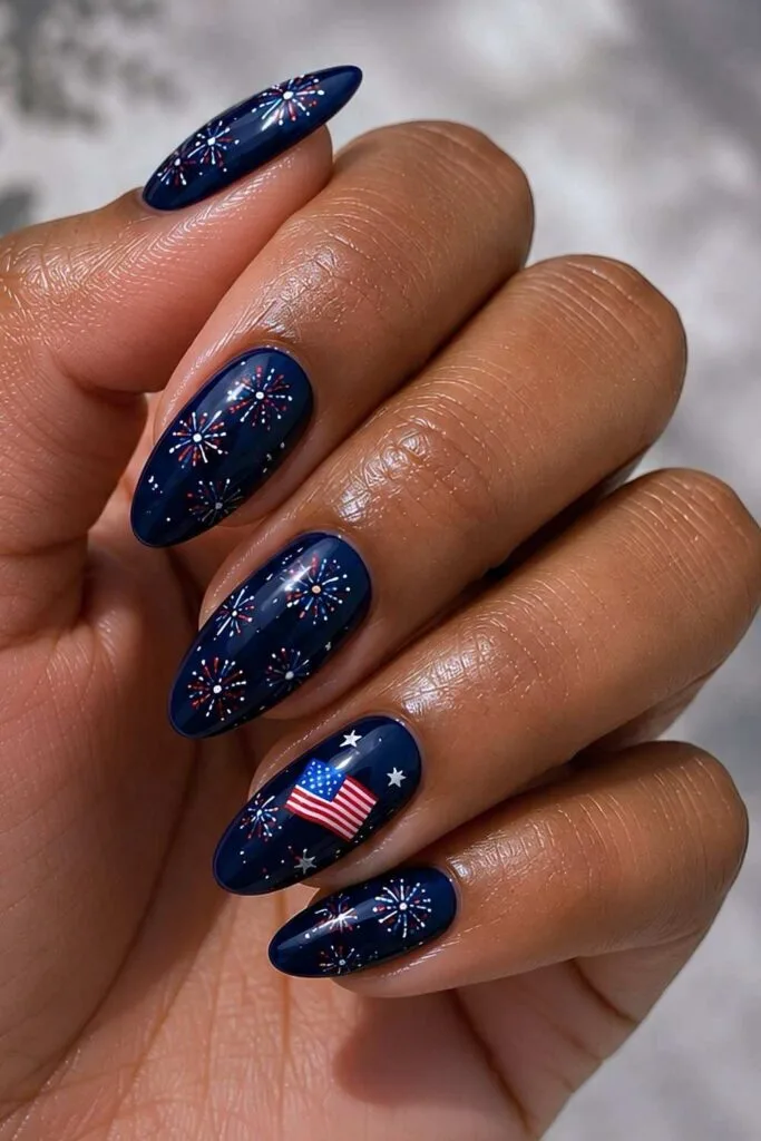 Navy blue mani with fireworks and USA flag