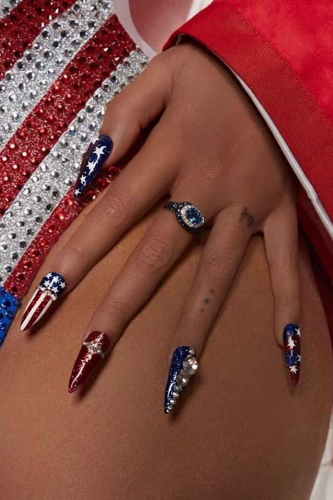 Patriotic red, white and blue nails with crystals