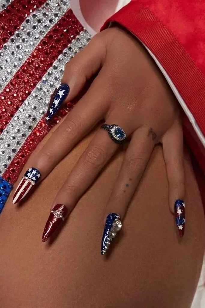 Patriotic red, white and blue nails with crystals
