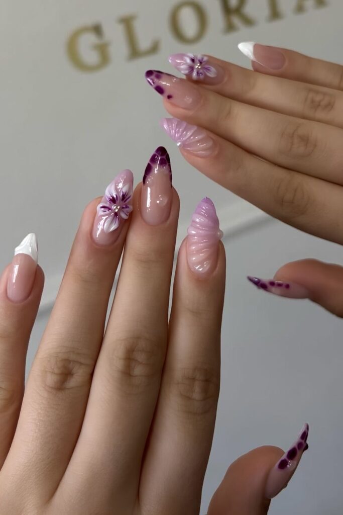 Purple 3d nails with florals