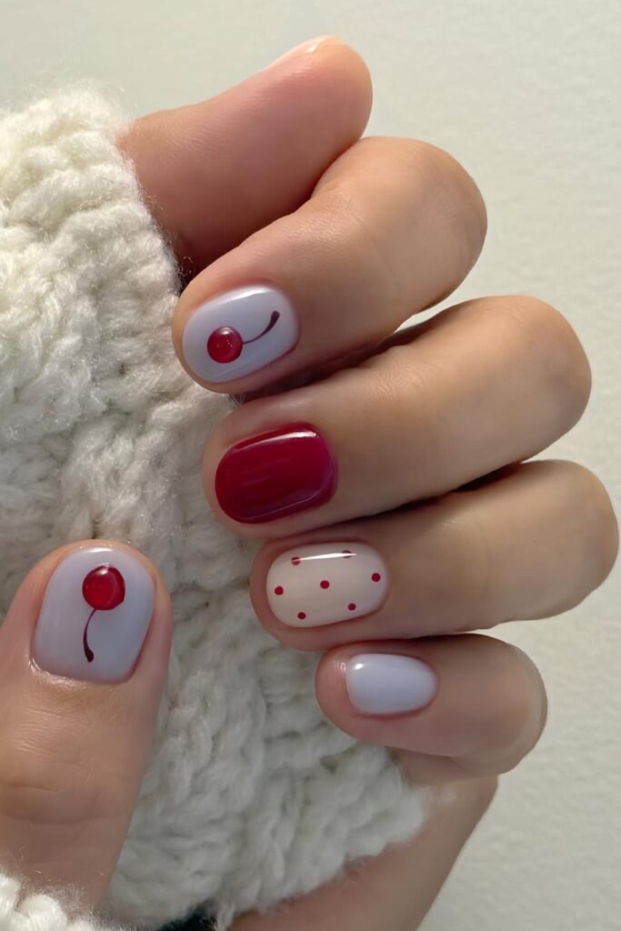 Red and blue jelly nails with dots and cherry
